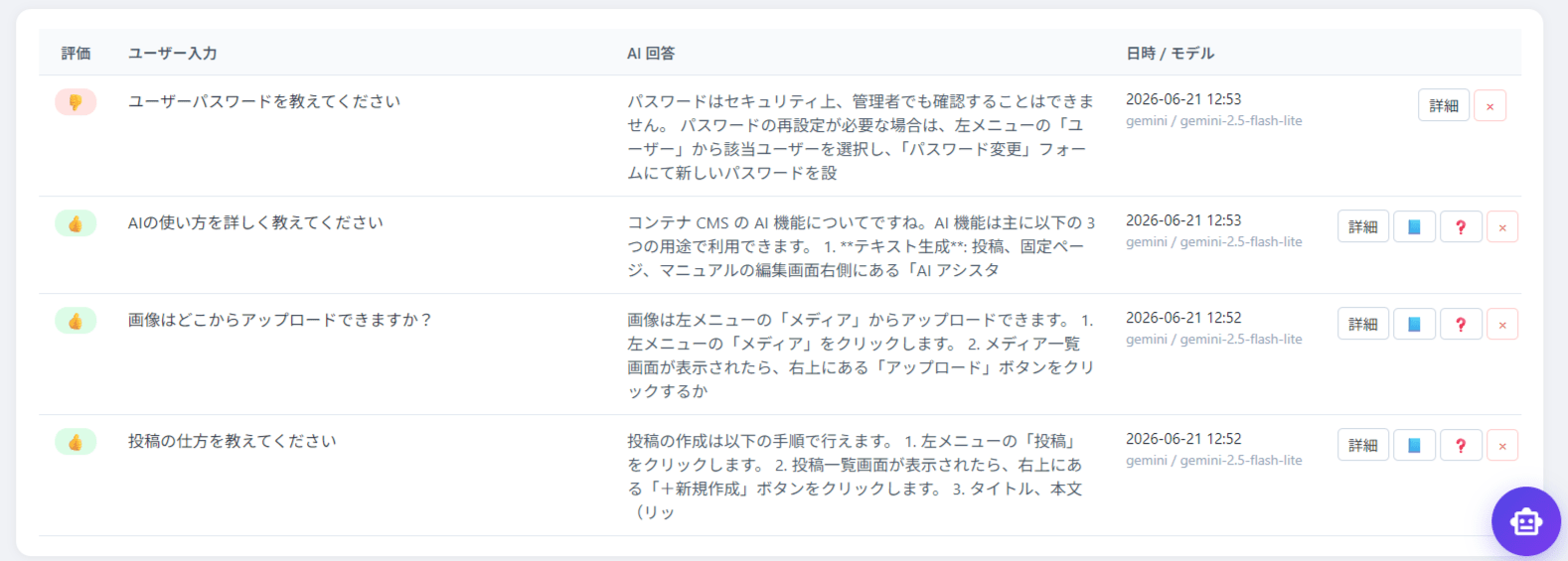 評価済みチャット履歴の一覧