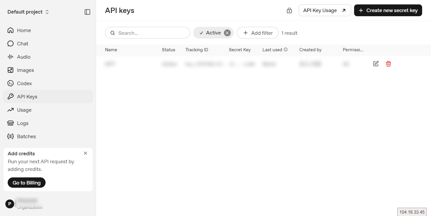 OpenAI Platform の API keys 一覧画面