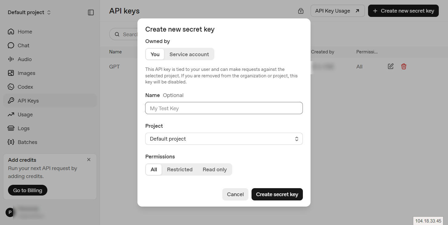 OpenAI Platform の「Create new secret key」ダイアログ。所有者・名前・プロジェクト・権限を設定する